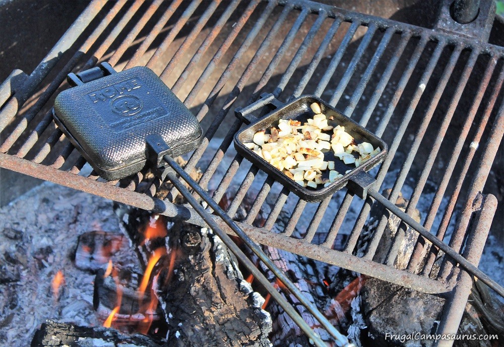 Campfire Hamburgers with Onions-in a Pie Iron! - Frugal Campasaurus